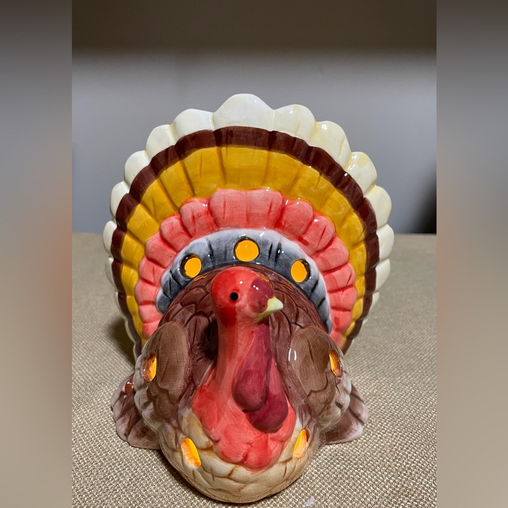 Ceramic Turkey Tea Light Holder, 6 1/2” Tall, Fall Autumn, Thanksgiving